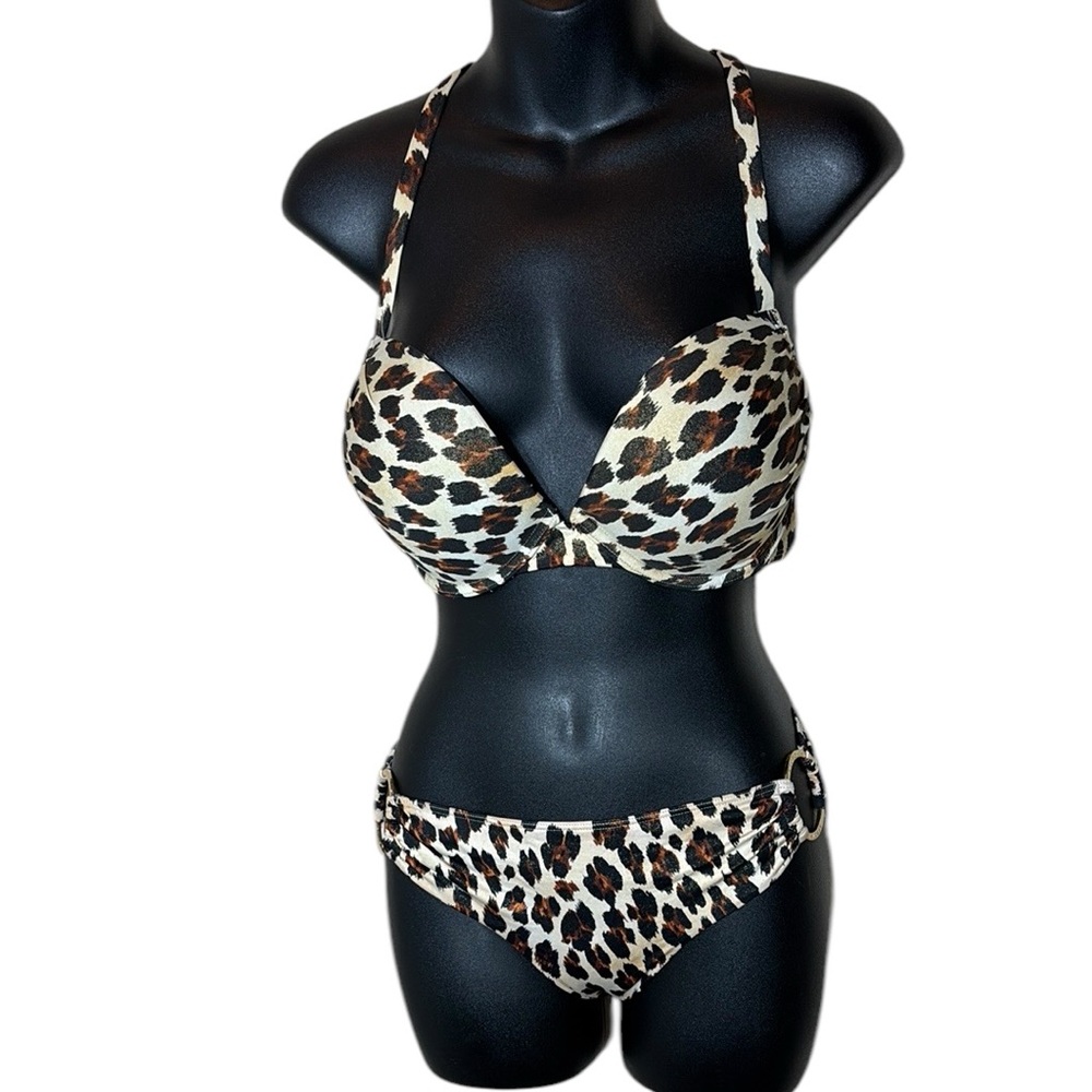 Victoria’s Secret L 36C bombshell bikini leopard shimmer    Strappy bathing suit
